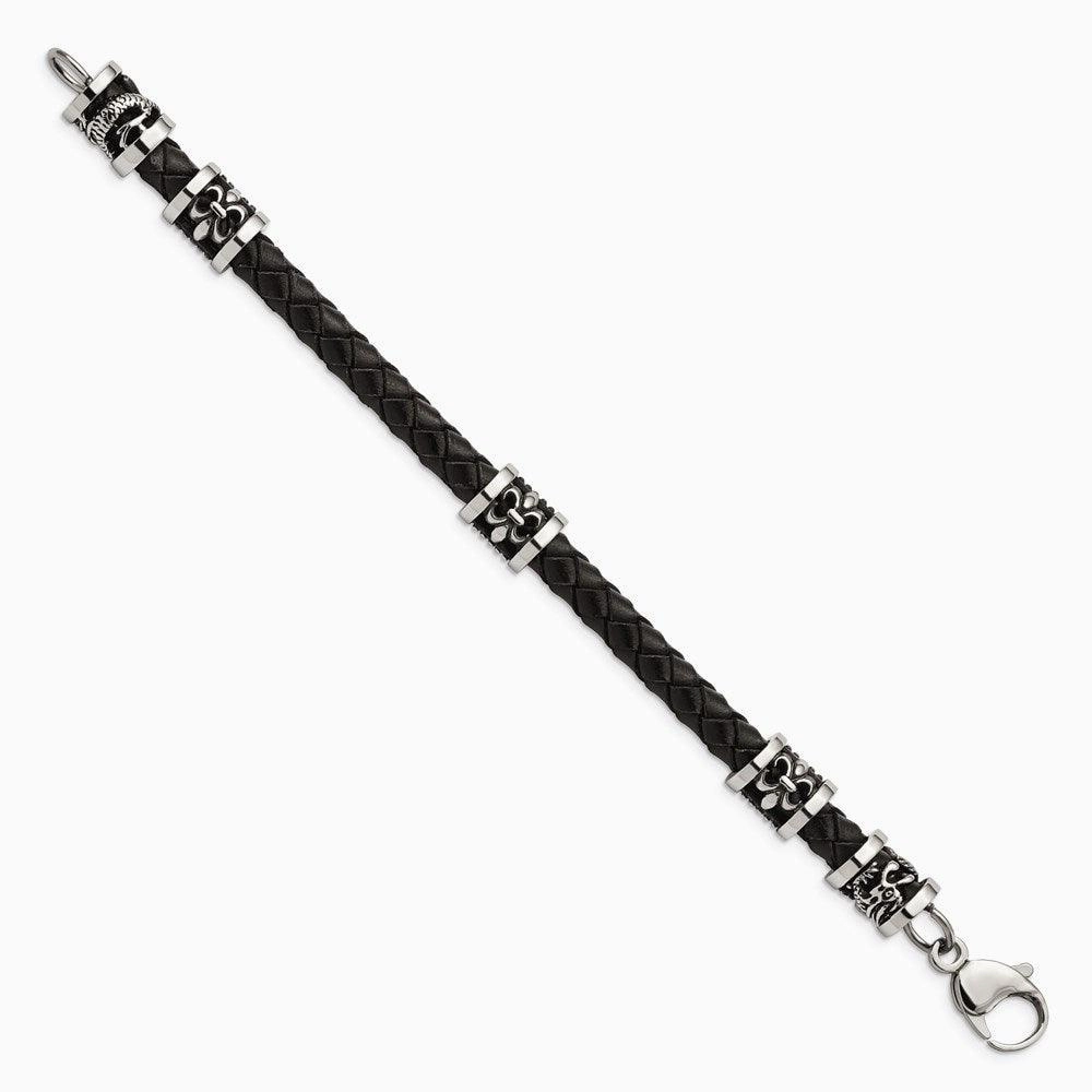 Stainless Steel Polished Antiqued Fleur De Lis/Dragon Blk Leather Bracelet