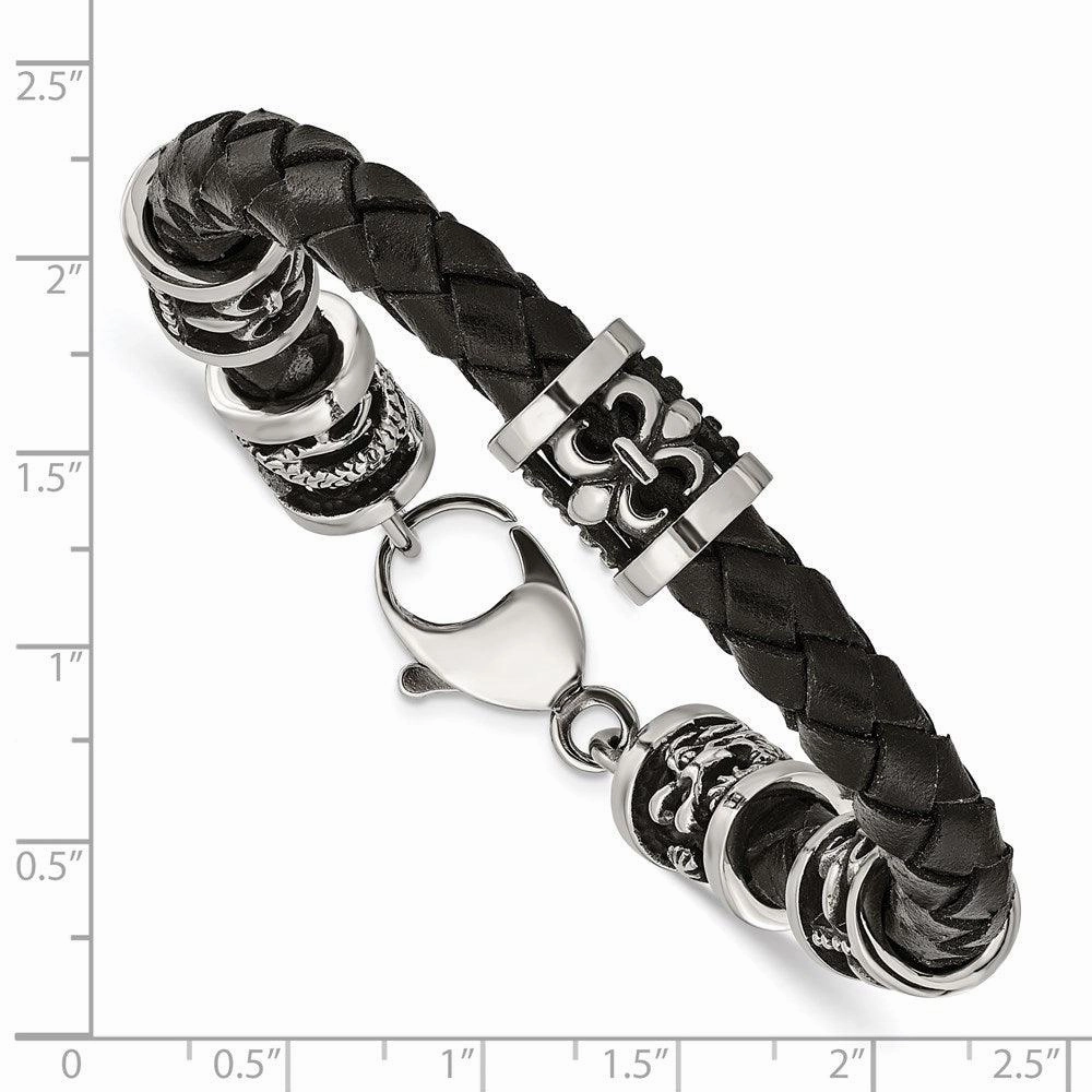 Stainless Steel Polished Antiqued Fleur De Lis/Dragon Blk Leather Bracelet