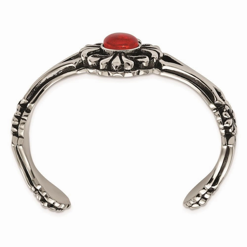 Stainless Steel Polished/Antiqued Flower Red Glass Cuff Bracelet