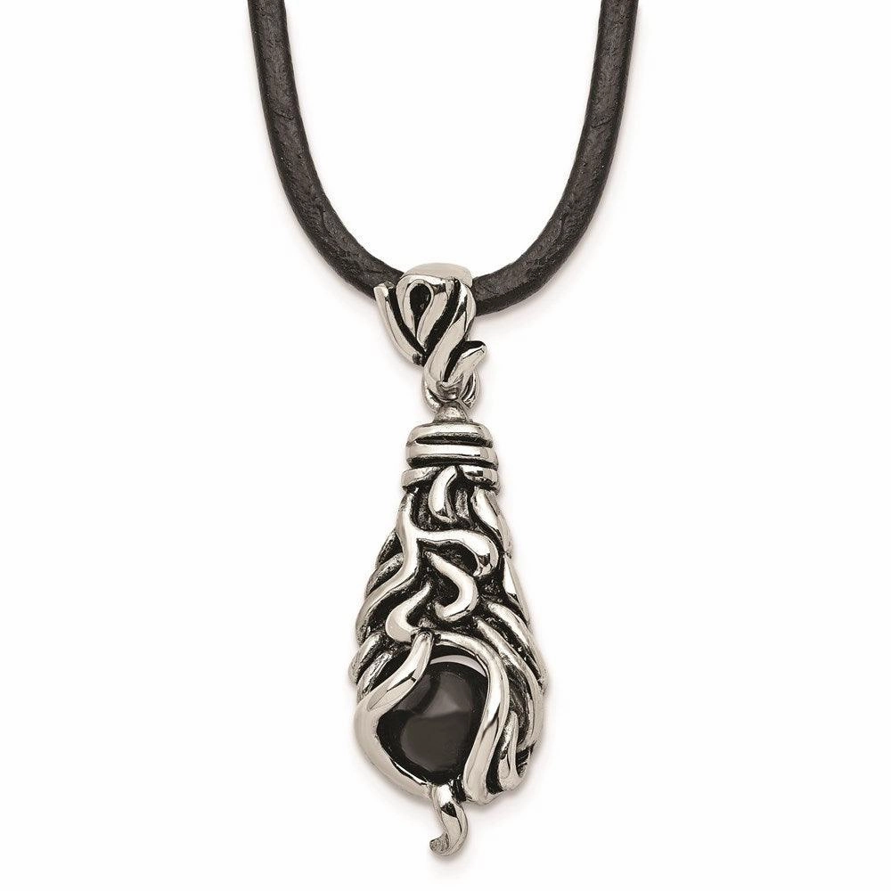 Stainless Steel Polished/Antiqued Moveable Black Agate Necklace