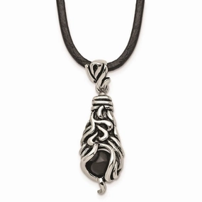 Stainless Steel Polished/Antiqued Moveable Black Agate Necklace