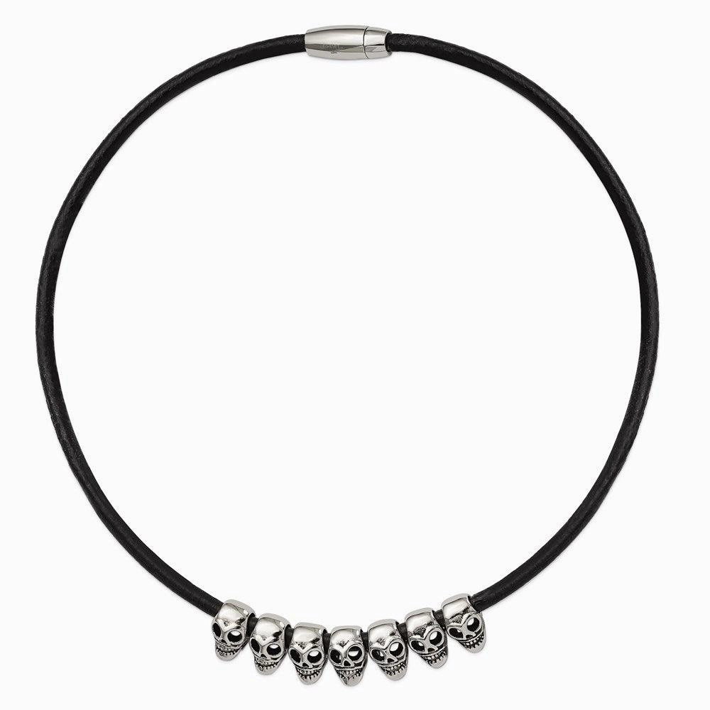 Stainless Steel Polished/Antiqued Skulls Black Leather Cord Necklace