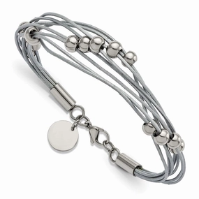 Stainless Steel Polished Beaded Multi-Strand Grey Leather 8in Bracelet