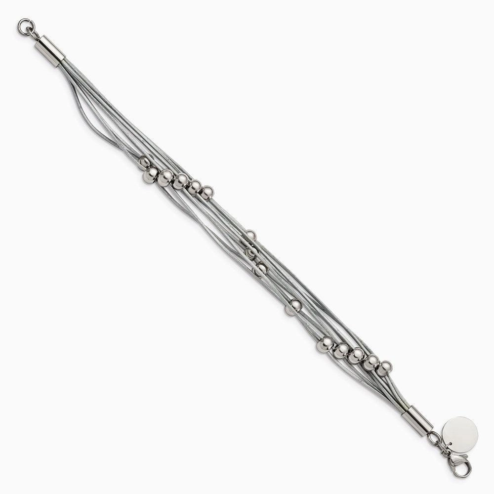 Stainless Steel Polished Beaded Multi-Strand Grey Leather 8in Bracelet