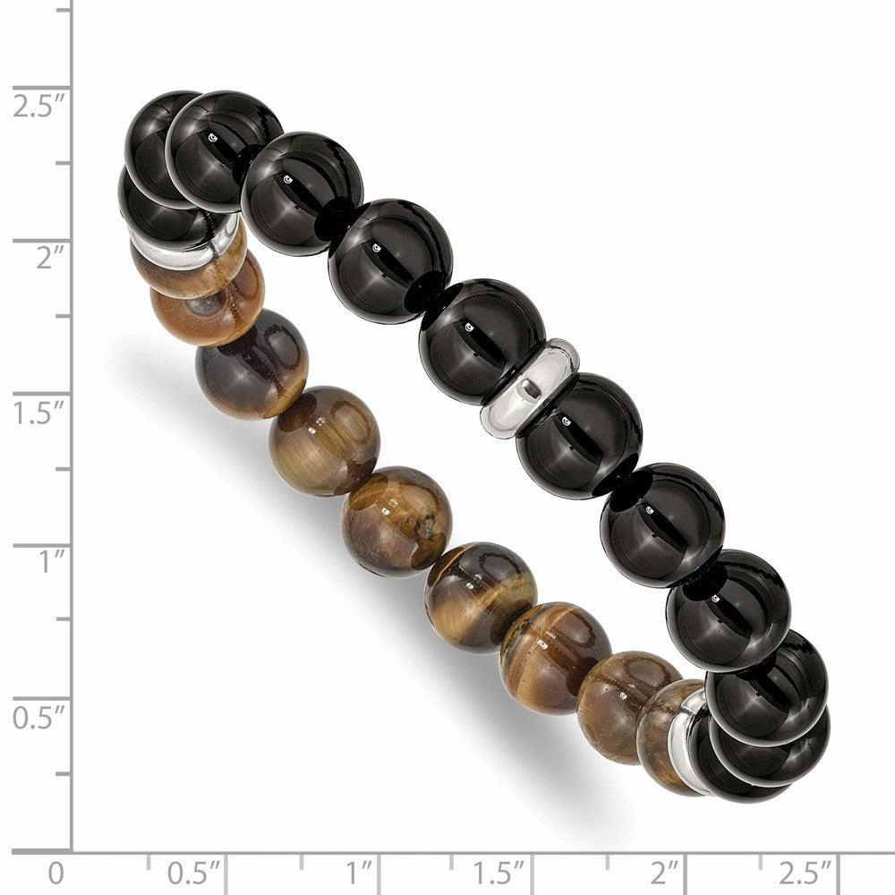 Stainless Steel Polished Black Agate and Tiger's Eye Stretch Bracelet