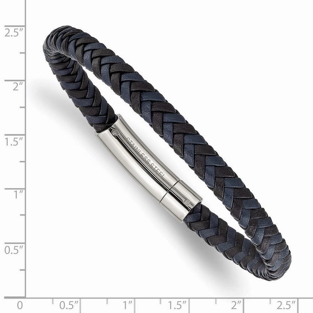 Stainless Steel Polished Black and Blue Braided Leather 8.25in Bracelet