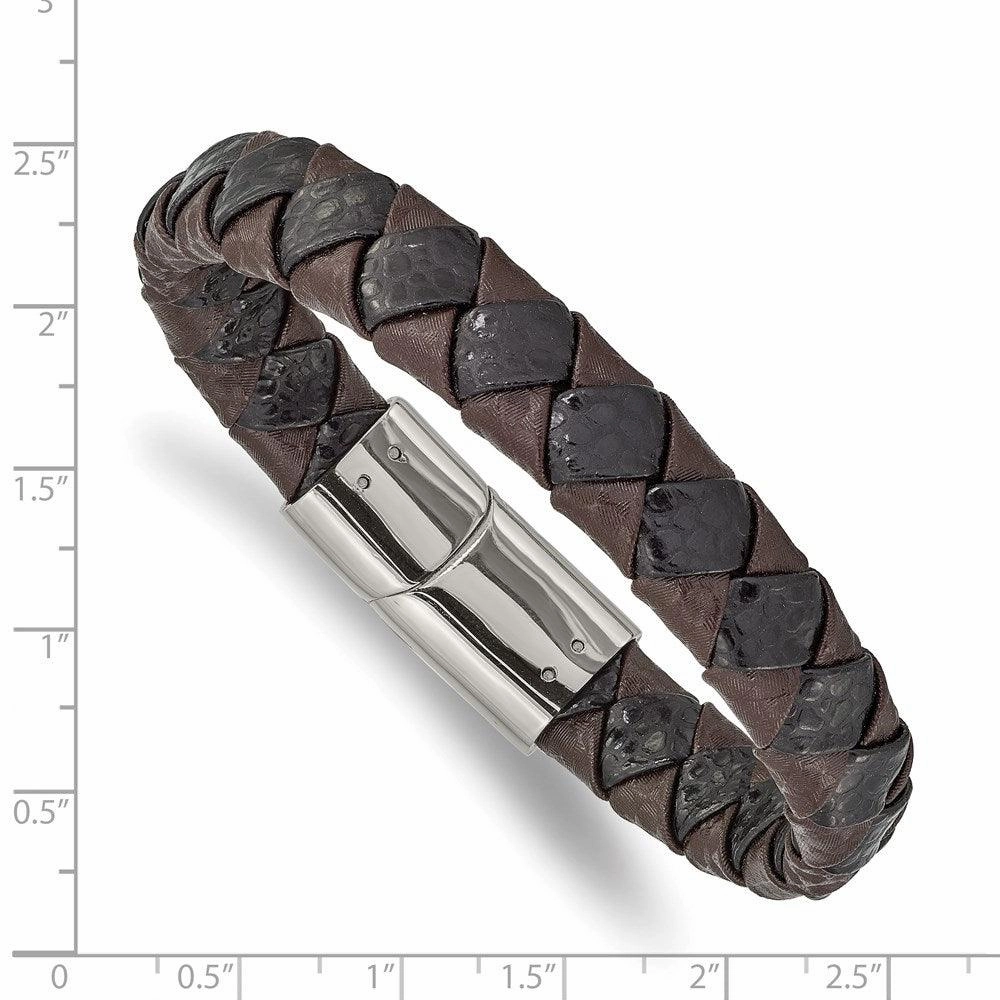 Stainless Steel Polished Black and Brown Textured Leather 8in Bracelet