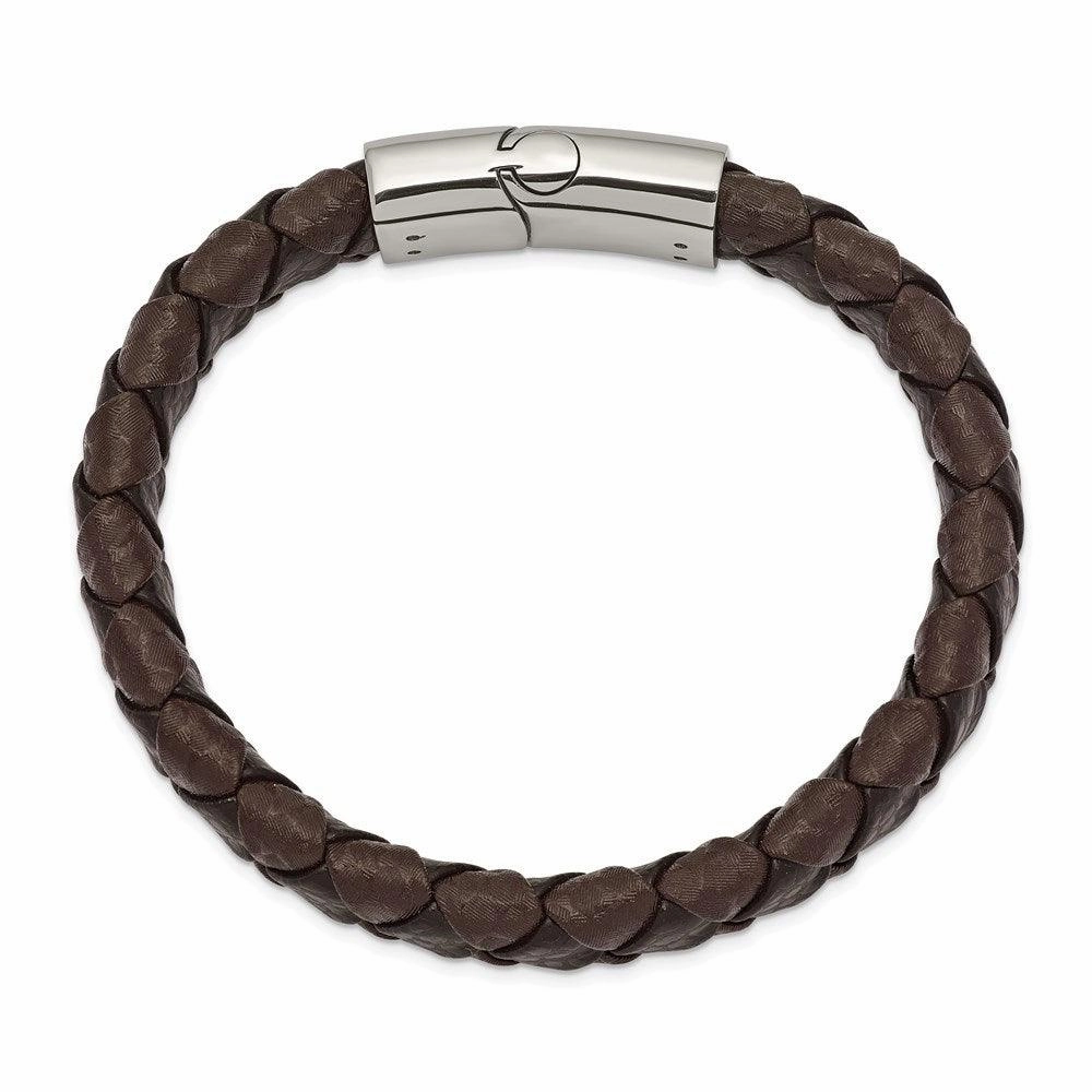 Stainless Steel Polished Black and Brown Textured Leather 8in Bracelet