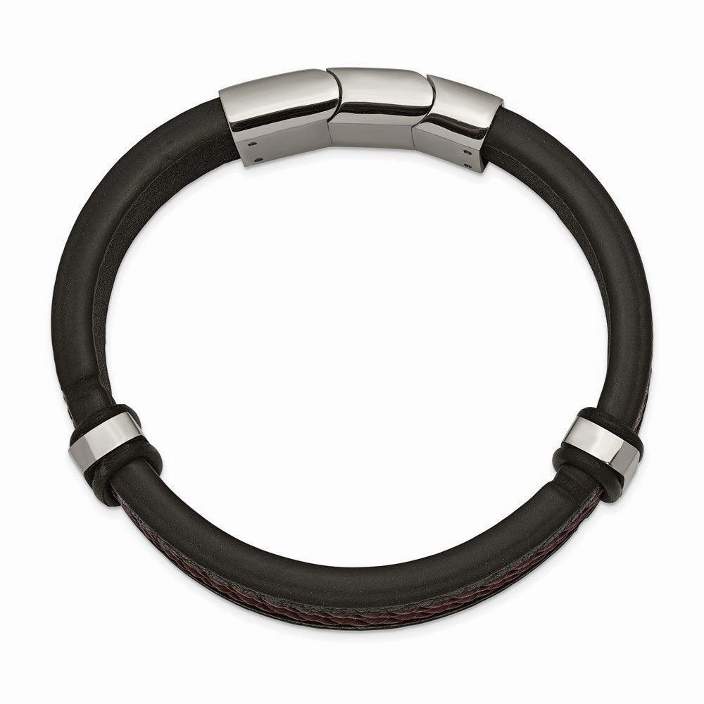 Stainless Steel Polished Black/Brown Braided Leather w/.5in ext. Bracelet