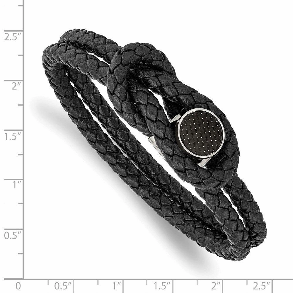 Stainless Steel Polished Black Carbon Fiber Inlay Black Leather 8.5in Brace