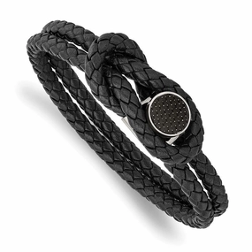 Stainless Steel Polished Black Carbon Fiber Inlay Black Leather 8.5in Brace