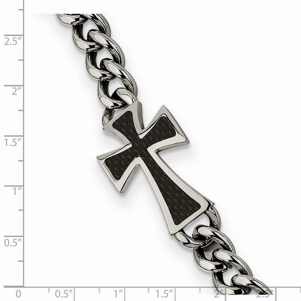 Stainless Steel Polished Black Carbon Fiber Inlay Cross 8.5in Bracelet