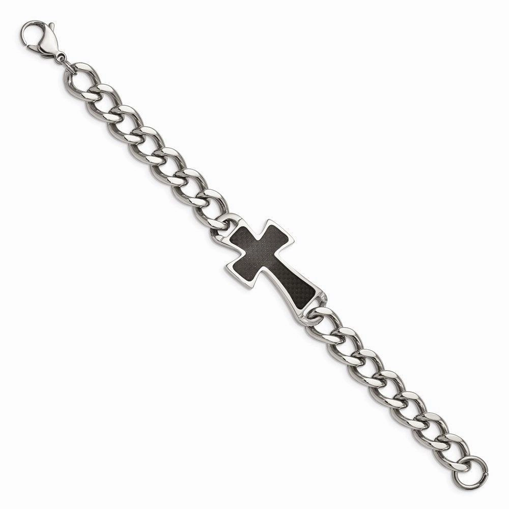 Stainless Steel Polished Black Carbon Fiber Inlay Cross 8.5in Bracelet