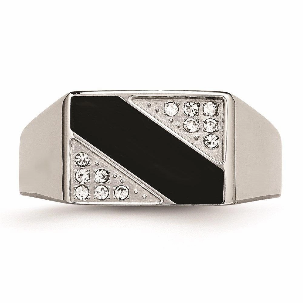 Stainless Steel Polished Black Enameled CZ Signet Ring