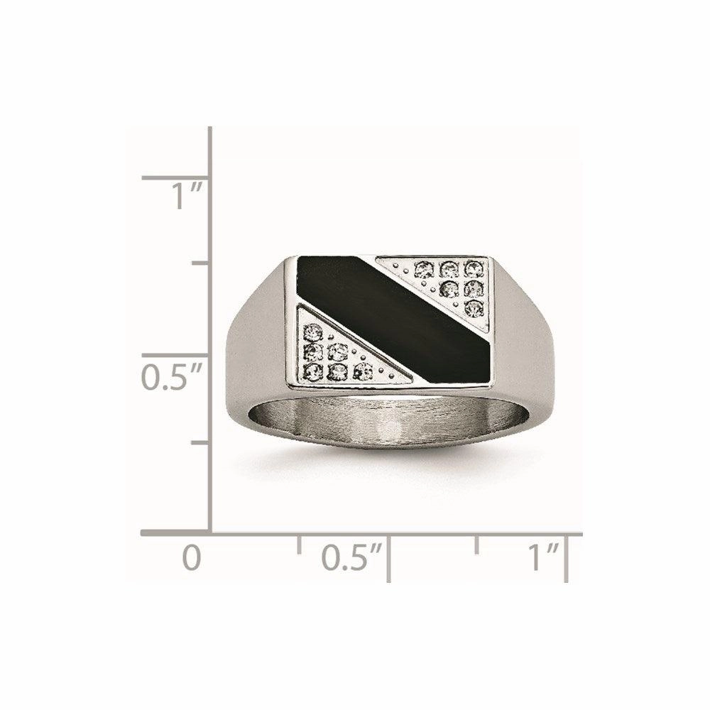 Stainless Steel Polished Black Enameled CZ Signet Ring