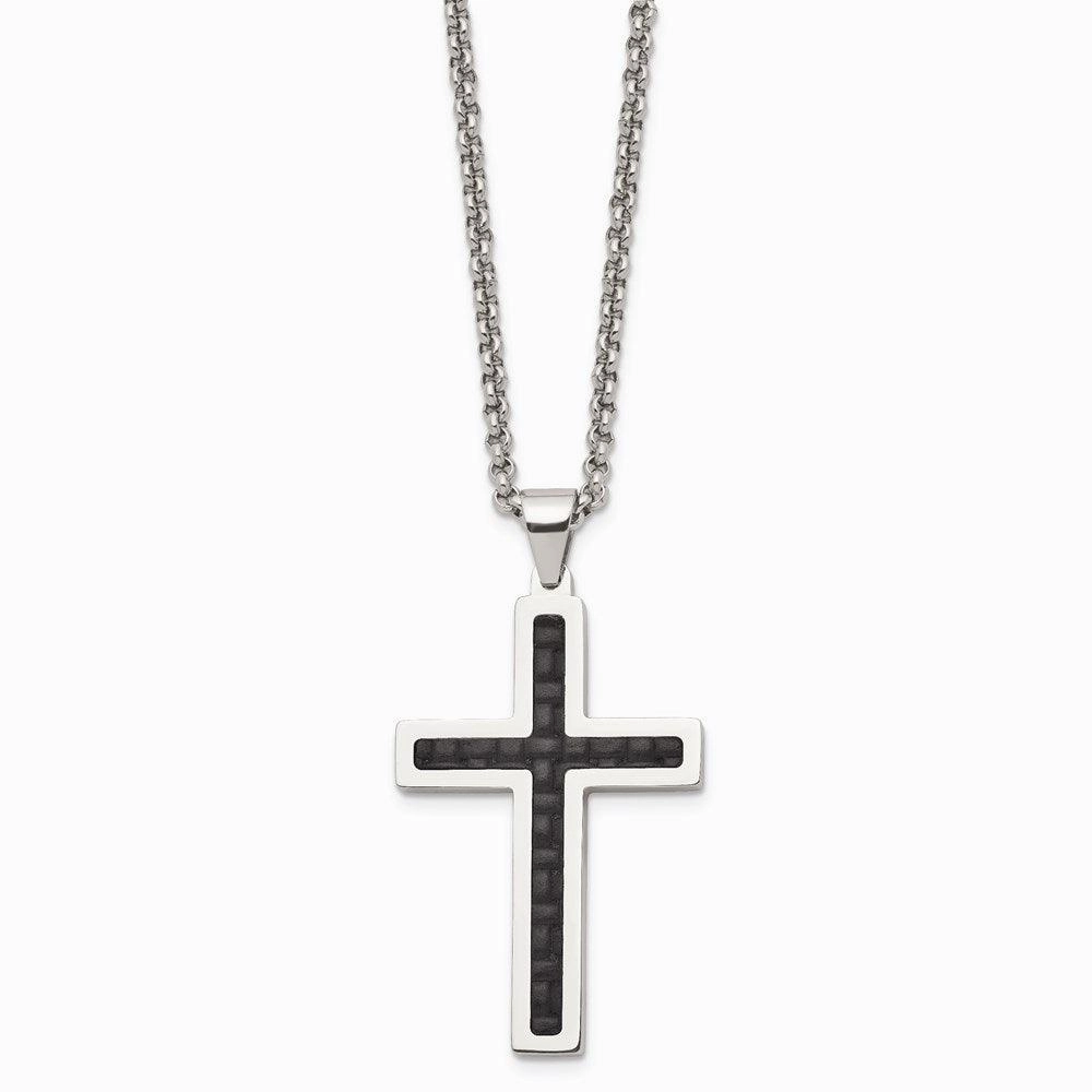 Stainless Steel Polished Black Genuine Leather Inlay Cross Necklace