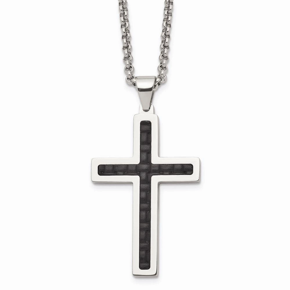 Stainless Steel Polished Black Genuine Leather Inlay Cross Necklace