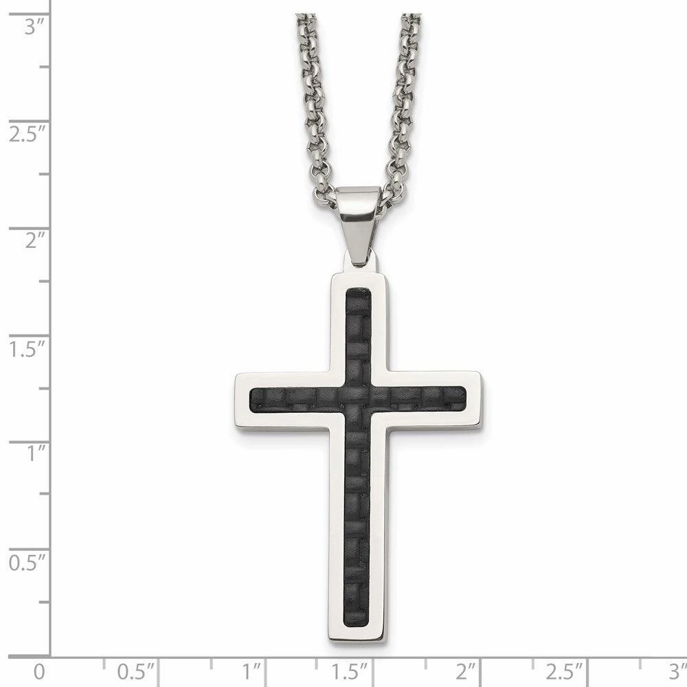 Stainless Steel Polished Black Genuine Leather Inlay Cross Necklace