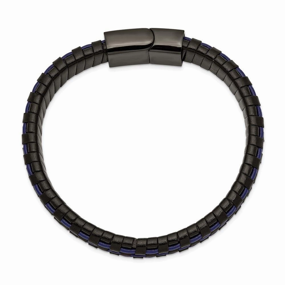 Stainless Steel Polished Black IP Black and Blue Leather 8.25in Bracelet