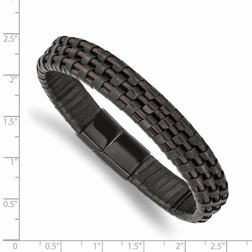 Stainless Steel Polished Black IP Black and Brown Leather 8.25in Bracelet