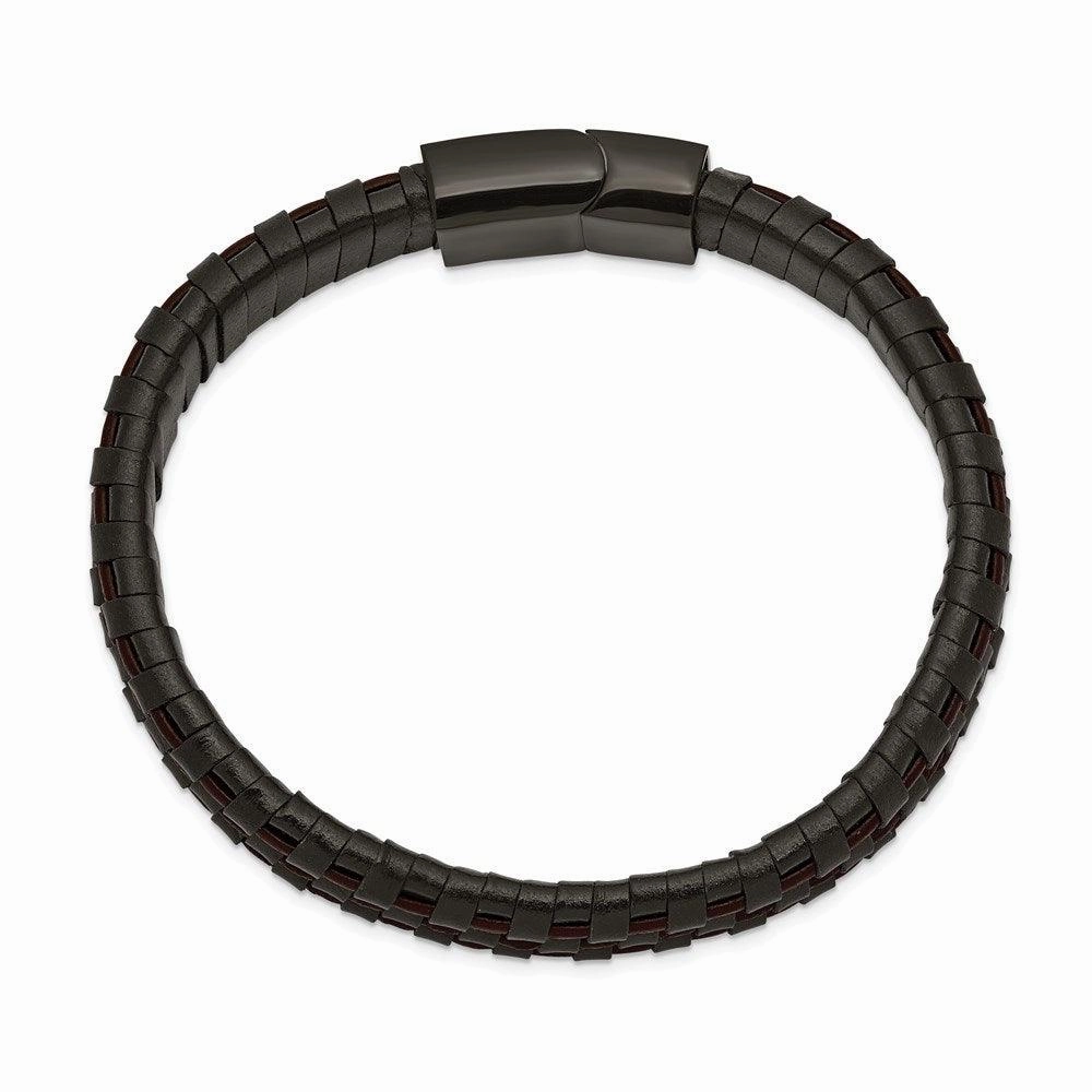 Stainless Steel Polished Black IP Black and Brown Leather 8.25in Bracelet