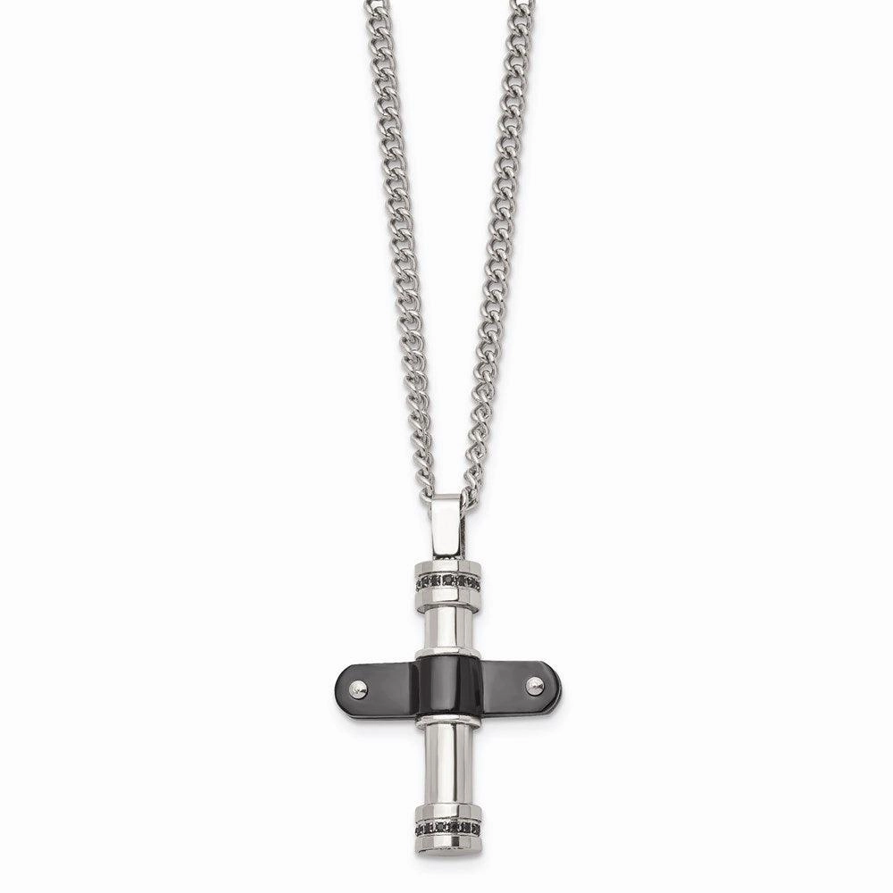 Stainless Steel Polished Black IP Black CZ Cross Necklace