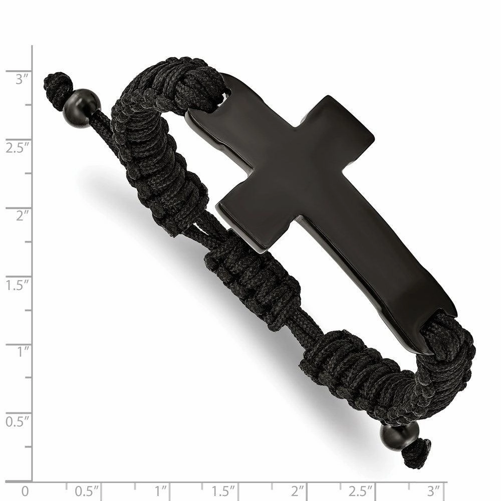 Stainless Steel Polished Black IP Black Nylon Adjustable Cross Bracelet