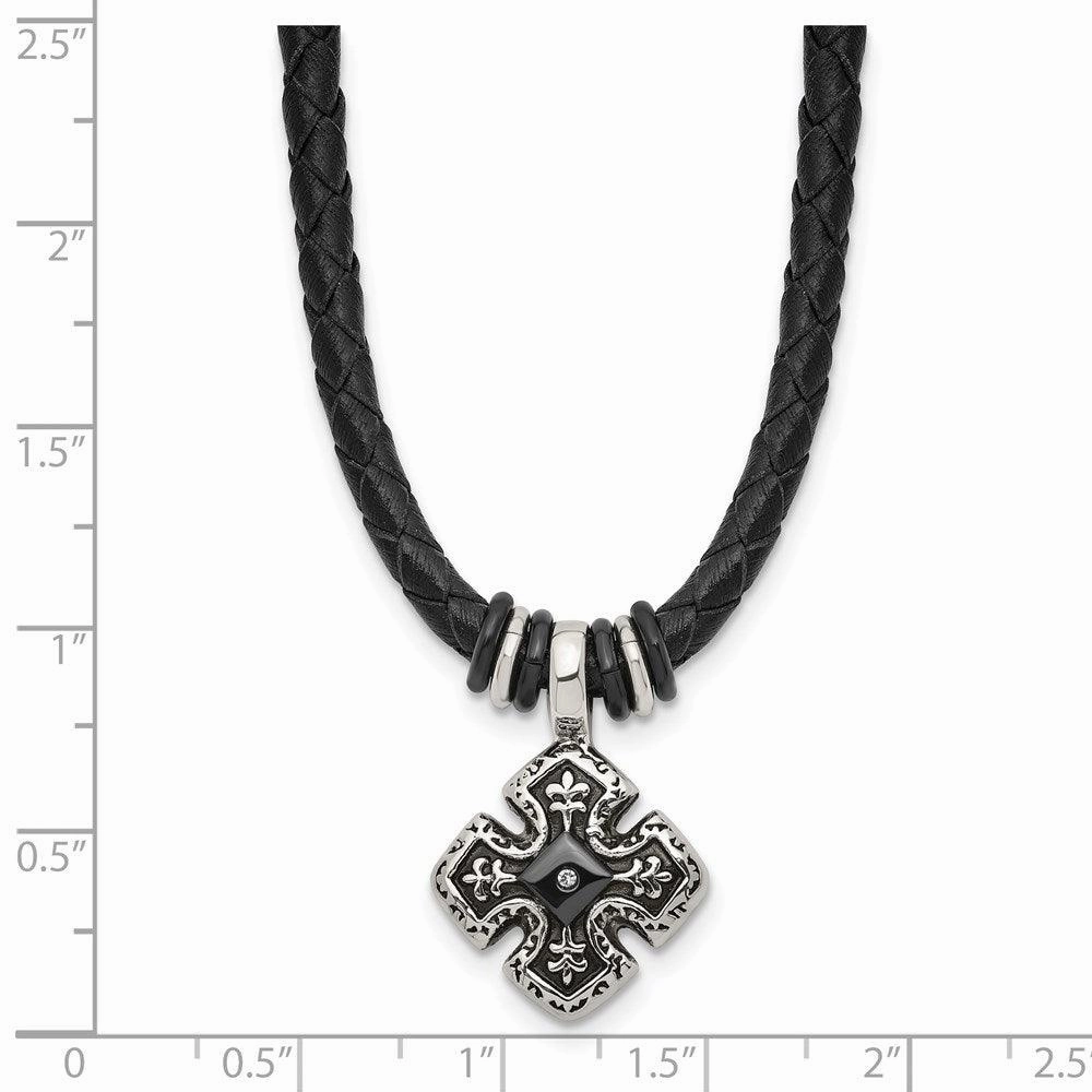 Stainless Steel Polished Black IP Braided Blk Leather CZ Necklace