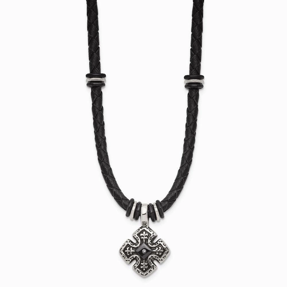 Stainless Steel Polished Black IP Braided Blk Leather CZ Necklace