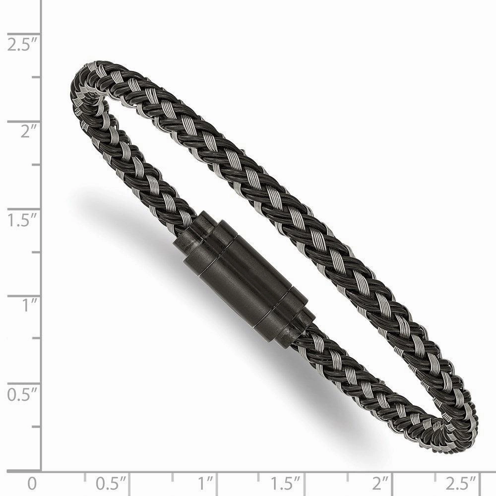 Stainless Steel Polished Black IP Braided Wire & Rubber 8.25in Bracelet