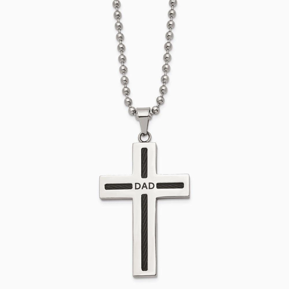 Stainless Steel Polished Black IP Cable Dad Cross Necklace