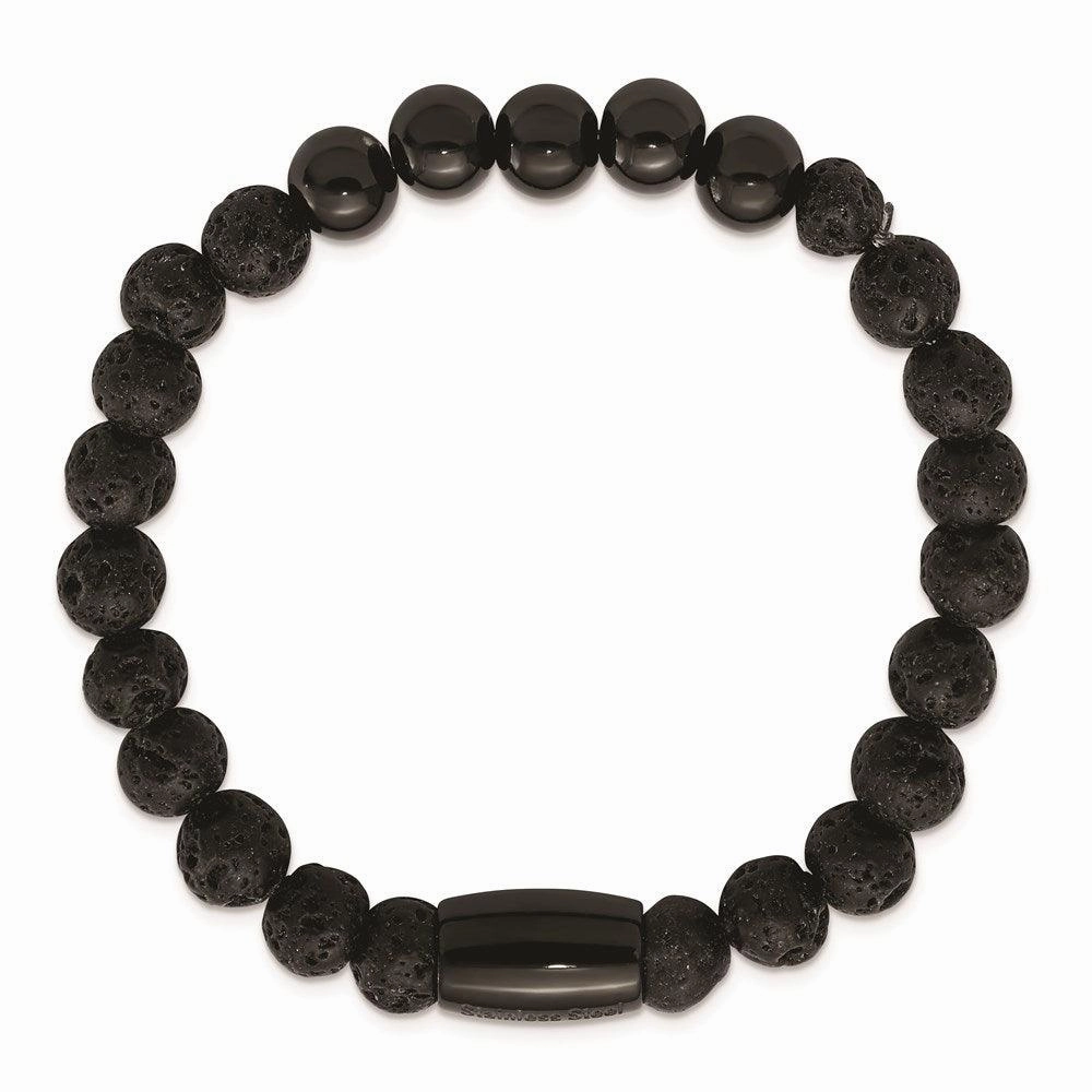 Stainless Steel Polished Black IP-plated Lava Stone Stretch Bracelet