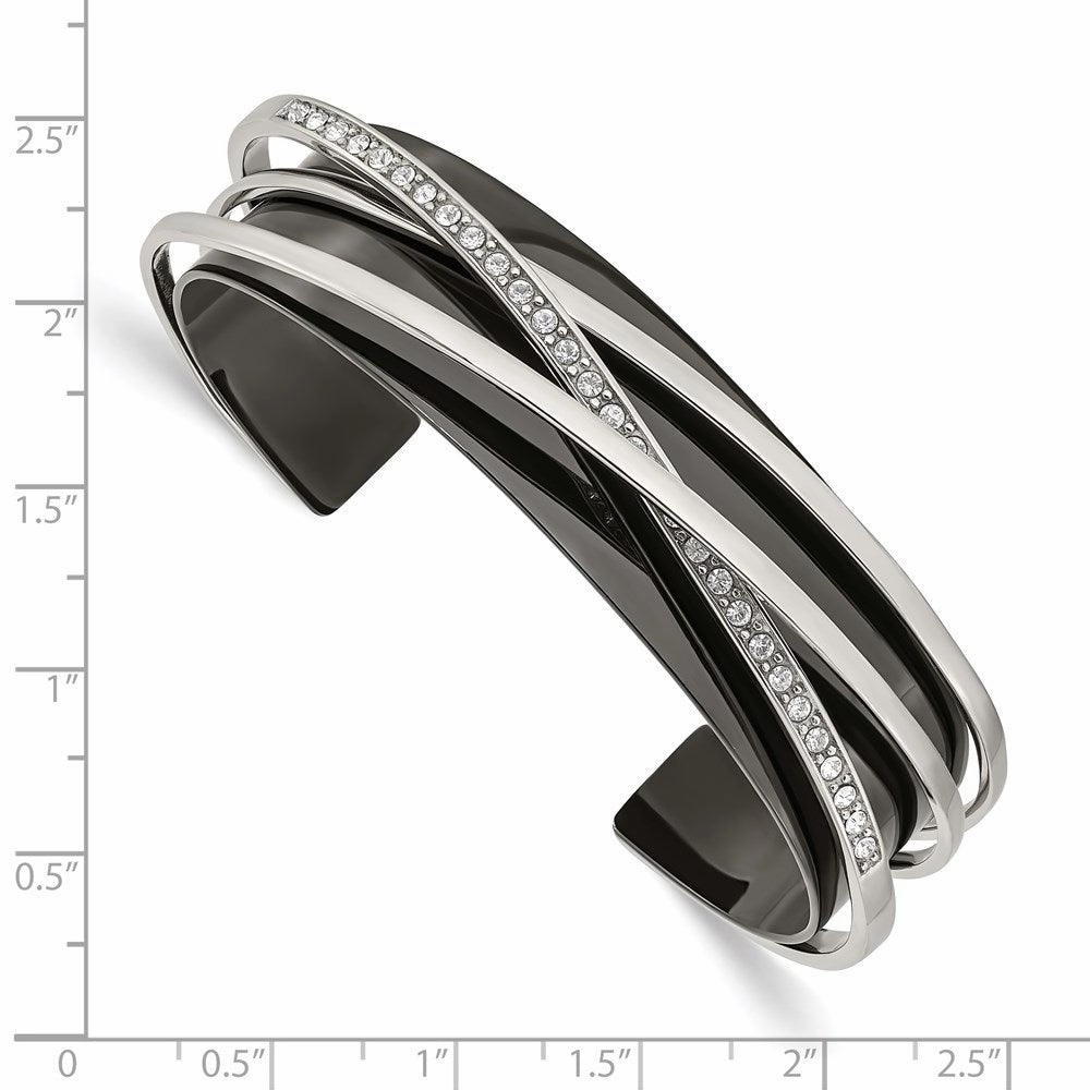 Stainless Steel Polished Black IP-plated w/Swarovski Layered Cuff Bangle