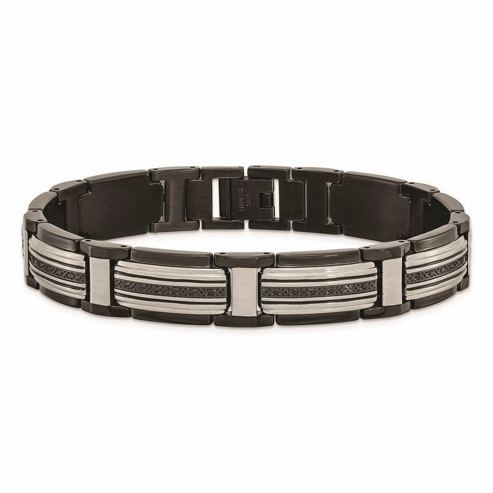 Stainless Steel Polished Black IP-plated with Black CZ 8.75in Link Bracelet