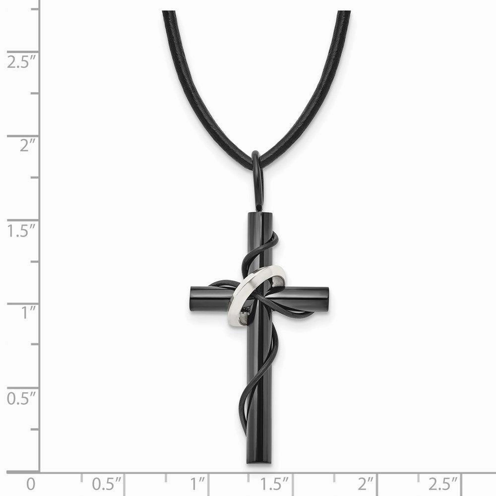 Stainless Steel Polished Black IP-plating Cross Leather Cord Necklace