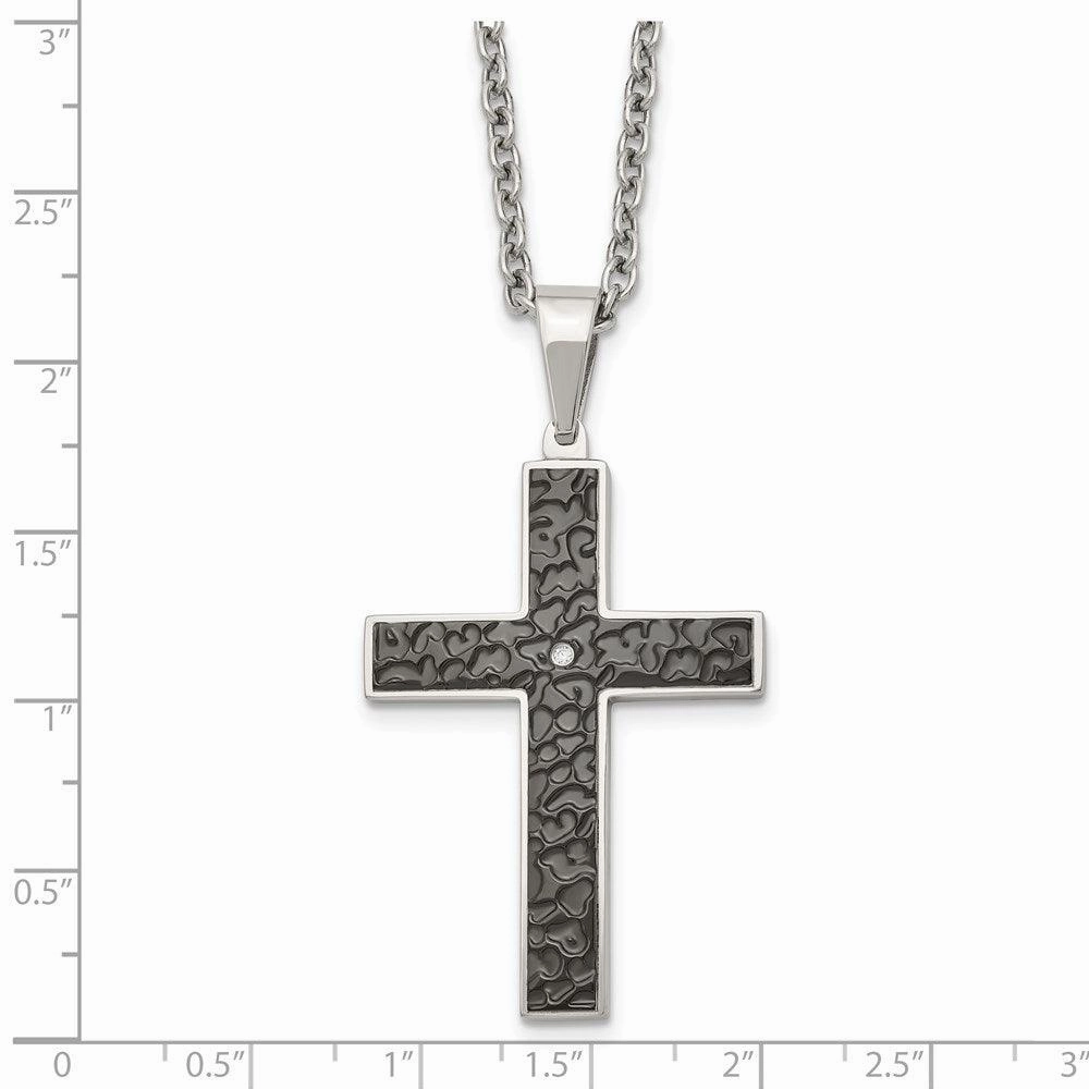 Stainless Steel Polished Black IP Textured CZ Cross Necklace
