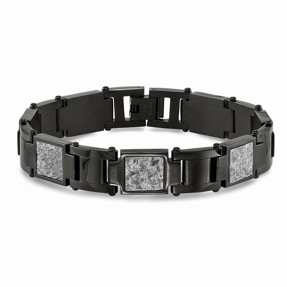 Stainless Steel Polished Black IP w/Sedimentary Rock Inlay 8.5in Bracelet