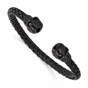 Stainless Steel Polished Black IP with Crystal Genuine Leather Cuff Bangle