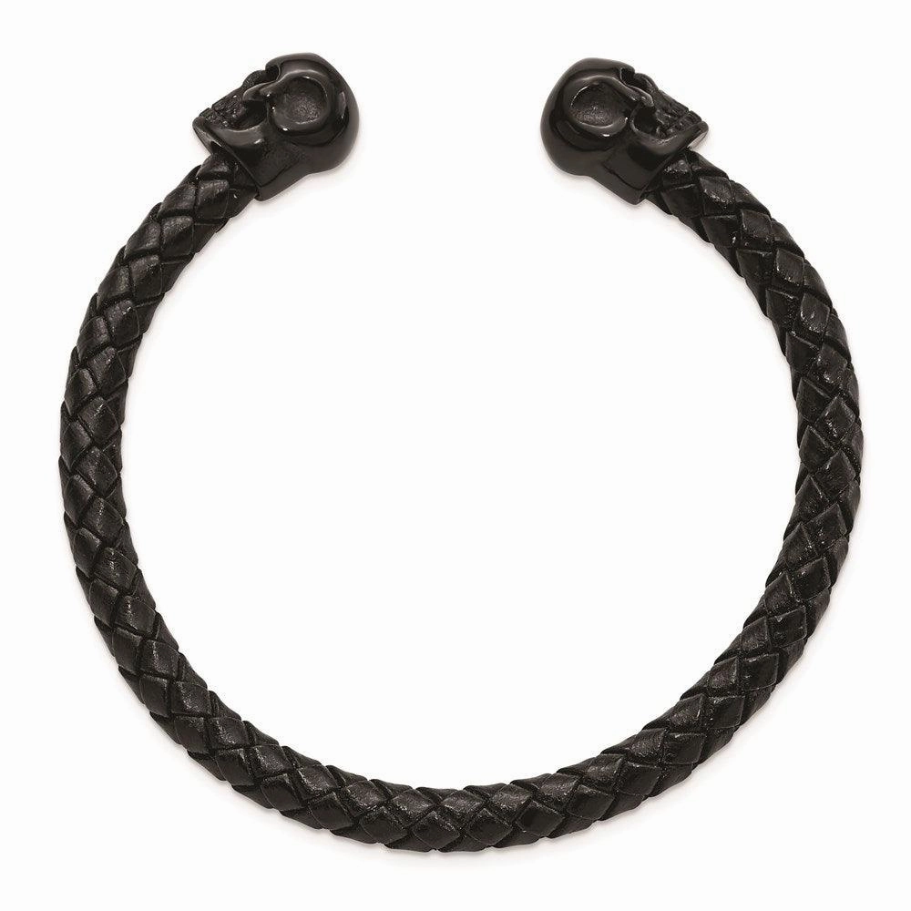 Stainless Steel Polished Black IP with Crystal Genuine Leather Cuff Bangle
