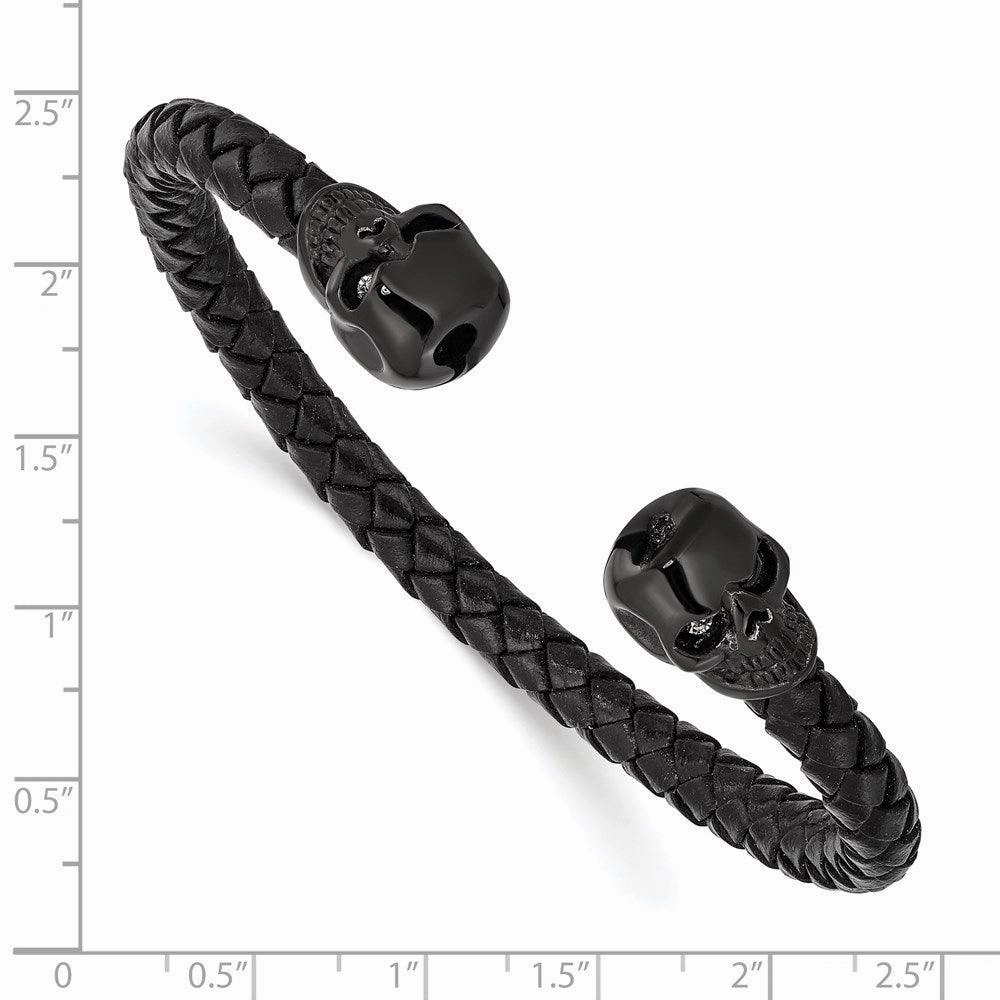 Stainless Steel Polished Black IP with Crystal Genuine Leather Cuff Bangle
