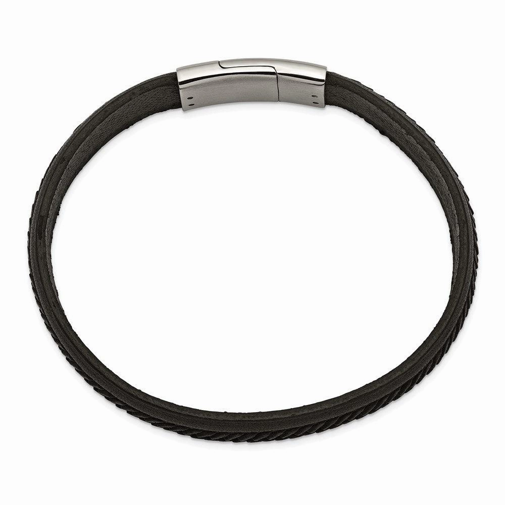 Stainless Steel Polished Black Italian Leather 8.75in Bracelet