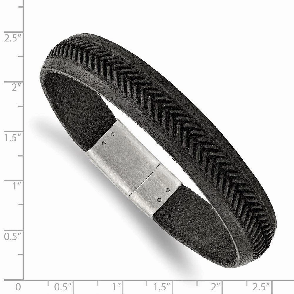 Stainless Steel Polished Black Italian Leather 8.75in Bracelet