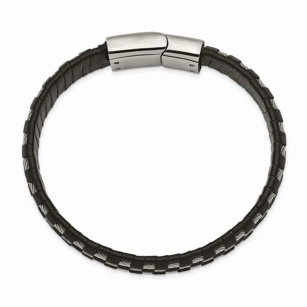 Stainless Steel Polished Black Leather and Wire 8.5in Bracelet