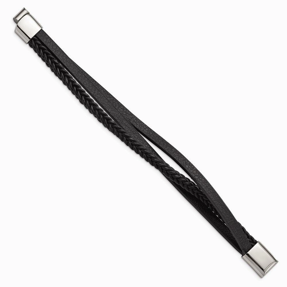 Stainless Steel Polished Black Leather Multi-Strand 8.25in Bracelet