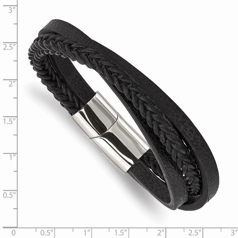 Stainless Steel Polished Black Leather Multi-Strand 8.25in Bracelet