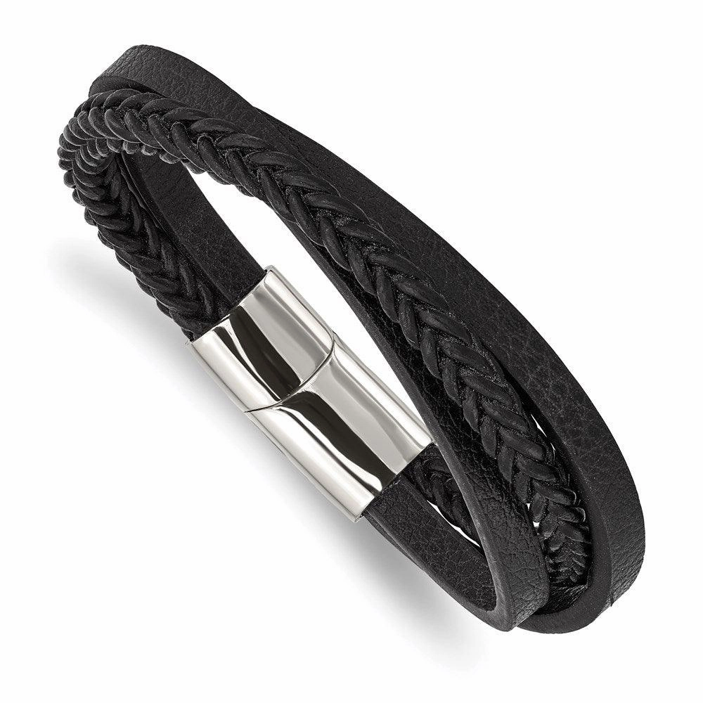 Stainless Steel Polished Black Leather Multi-Strand 8.25in Bracelet