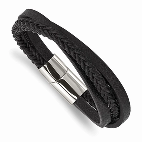 Stainless Steel Polished Black Leather Multi-Strand 8.25in Bracelet