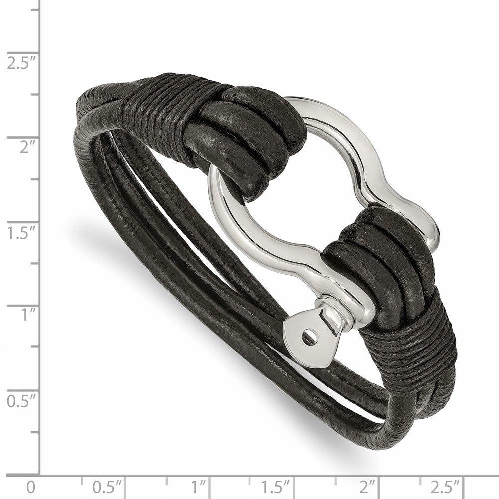 Stainless Steel Polished Black Leather Multi Strand 8.5in Shackle Bracelet