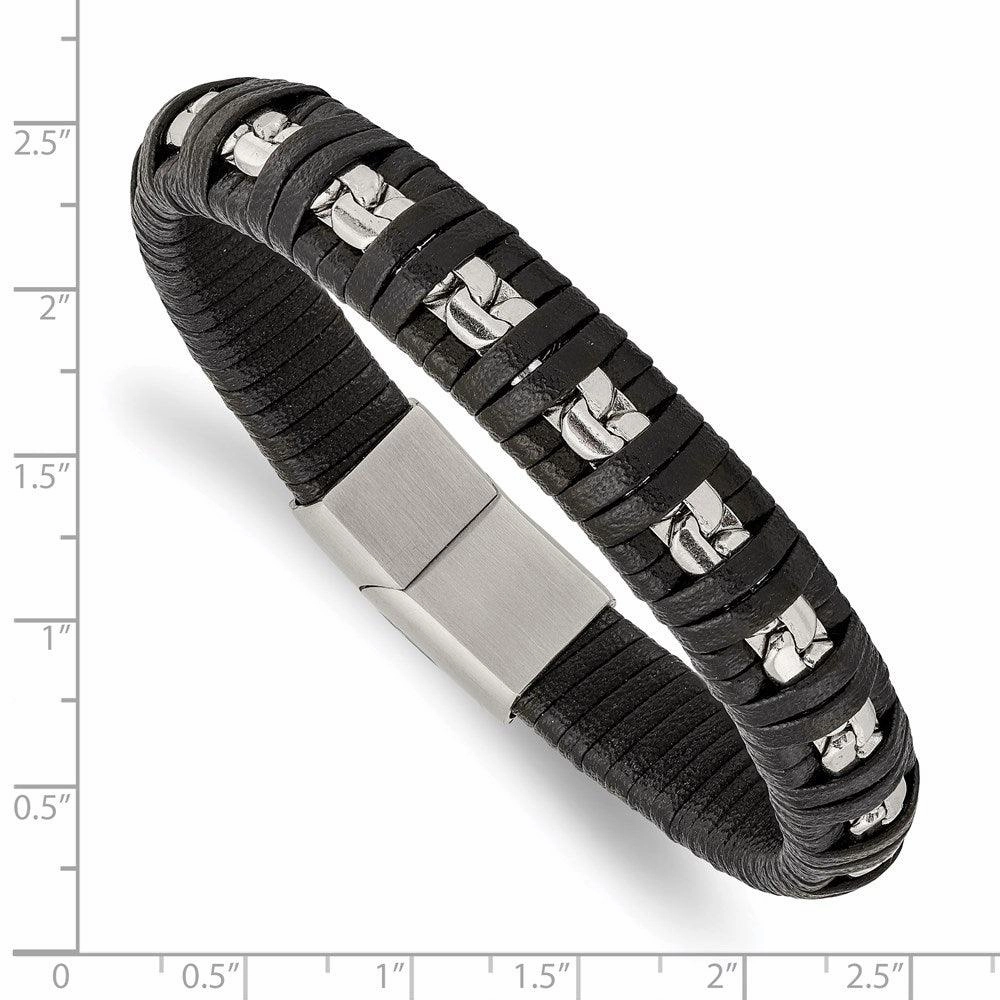 Stainless Steel Polished Black Leather with Chain 8.25in Bracelet