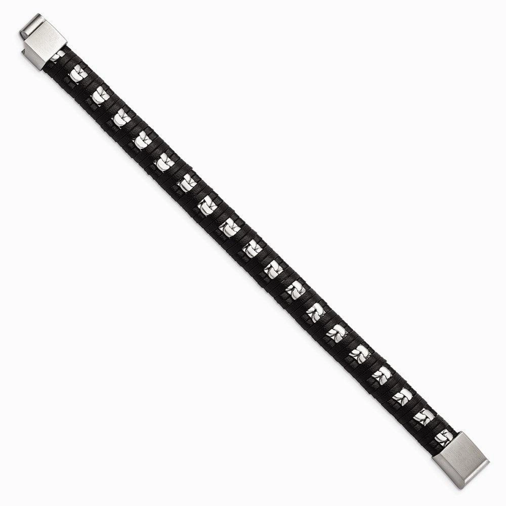 Stainless Steel Polished Black Leather with Chain 8.25in Bracelet